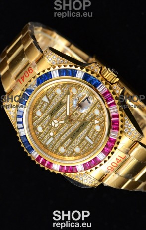 Rolex GMT Masters II Iced out Swiss watch with Yellow Gold 904L Case